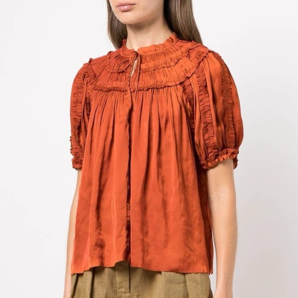 Ulla Johnson Aimee top blouse ruffle short sleeve clay rust satin tie front